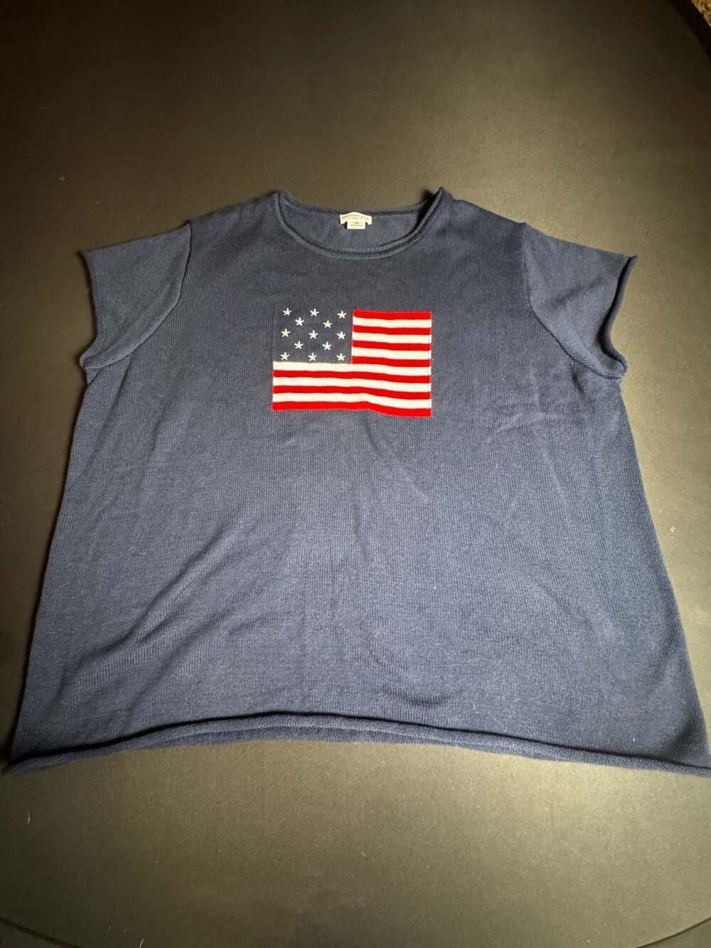 ChicSoul American Flag Short Sleeve Knit Sweater Top Navy Blue